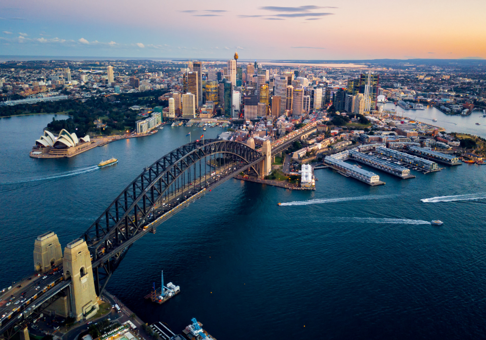 sydney-australia-birdseye Sydney Bridge and Opera House from birds-eye view